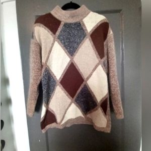 Silk, rabbit fur, and lambs wool blend argyle mock neck sweater
